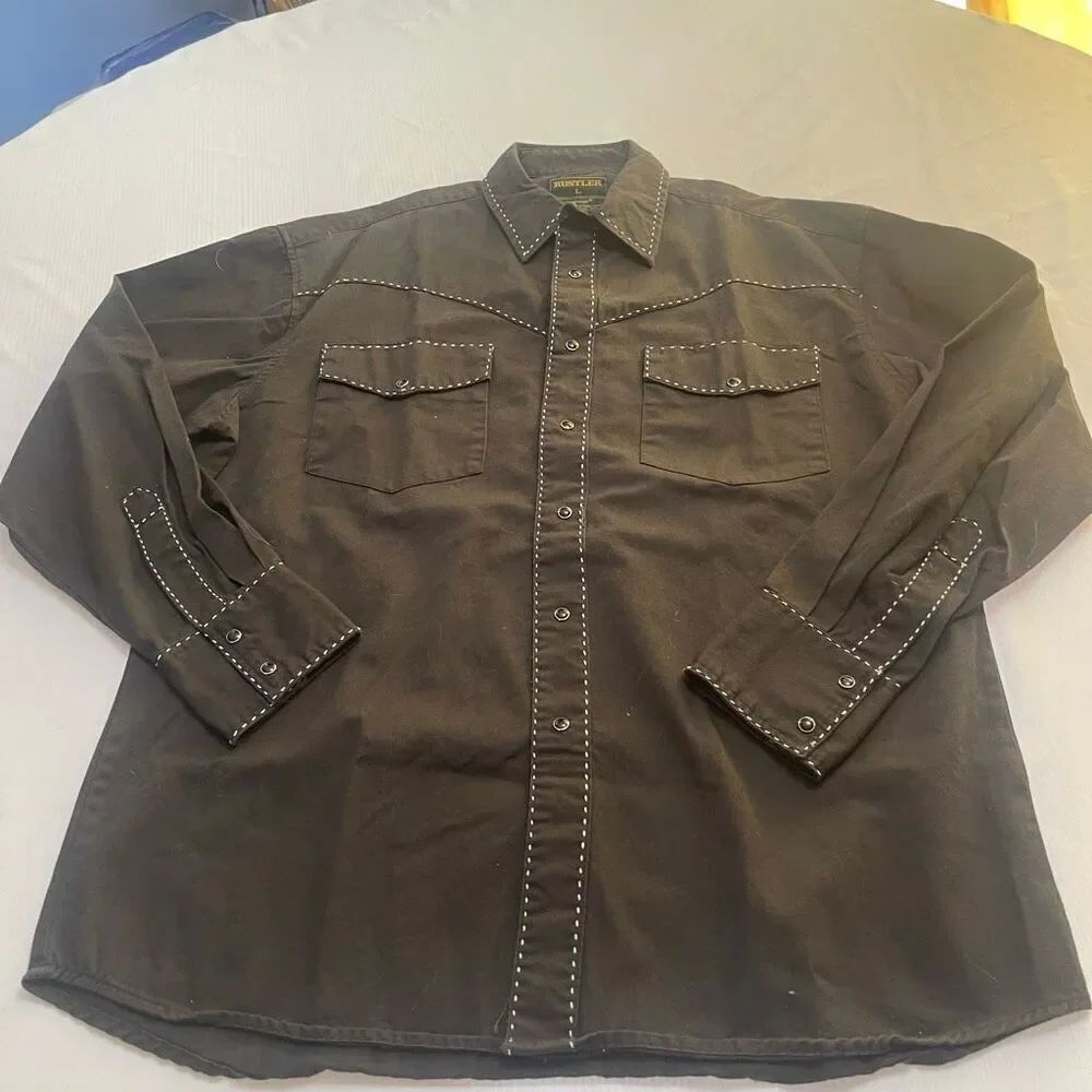 Rustler x Wrangler VTG Brown Pearl Snap Long Sleeve Button Up Shirt Size Large